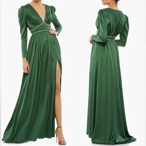 NEW MAC DUGGAL Rhinestone Trim Puff Sleeve Gathered Green Gown Sz 10